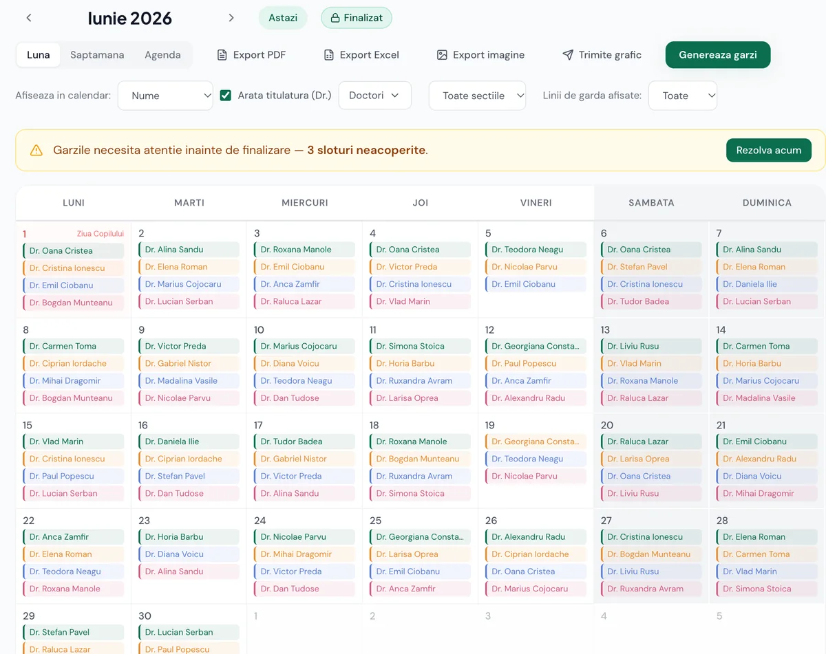 Calendarul lunii in DeGarda: garzile pe 4 linii colorate, cu sarbatorile legale marcate
